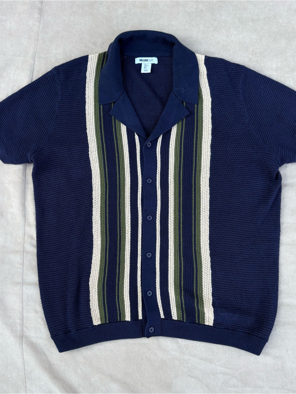 🥃William Rast Navy Olive Striped Knit Short-Sleeve Button Down Shirt - L